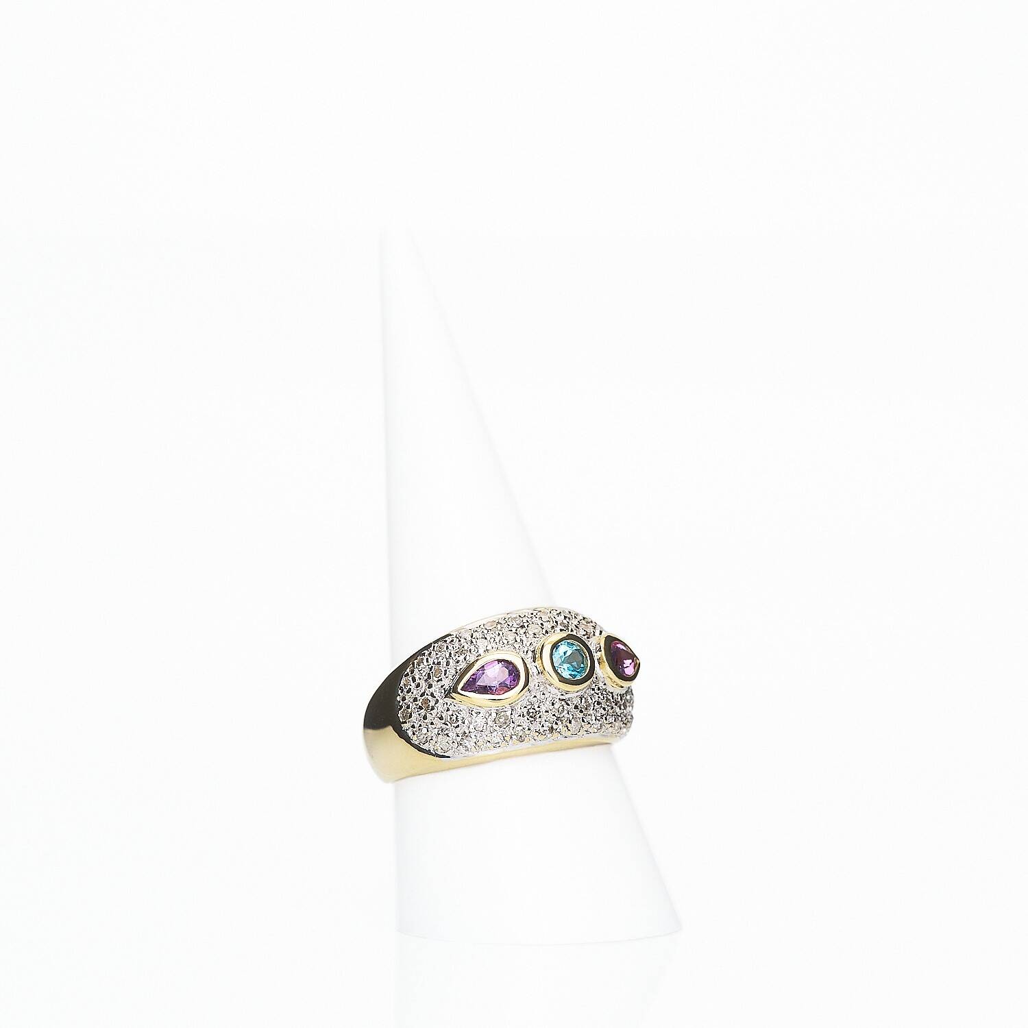 Damenring in 585 Gelbgold und Weißgold mit Amethyst, Blautopas und Diamanten (1449)