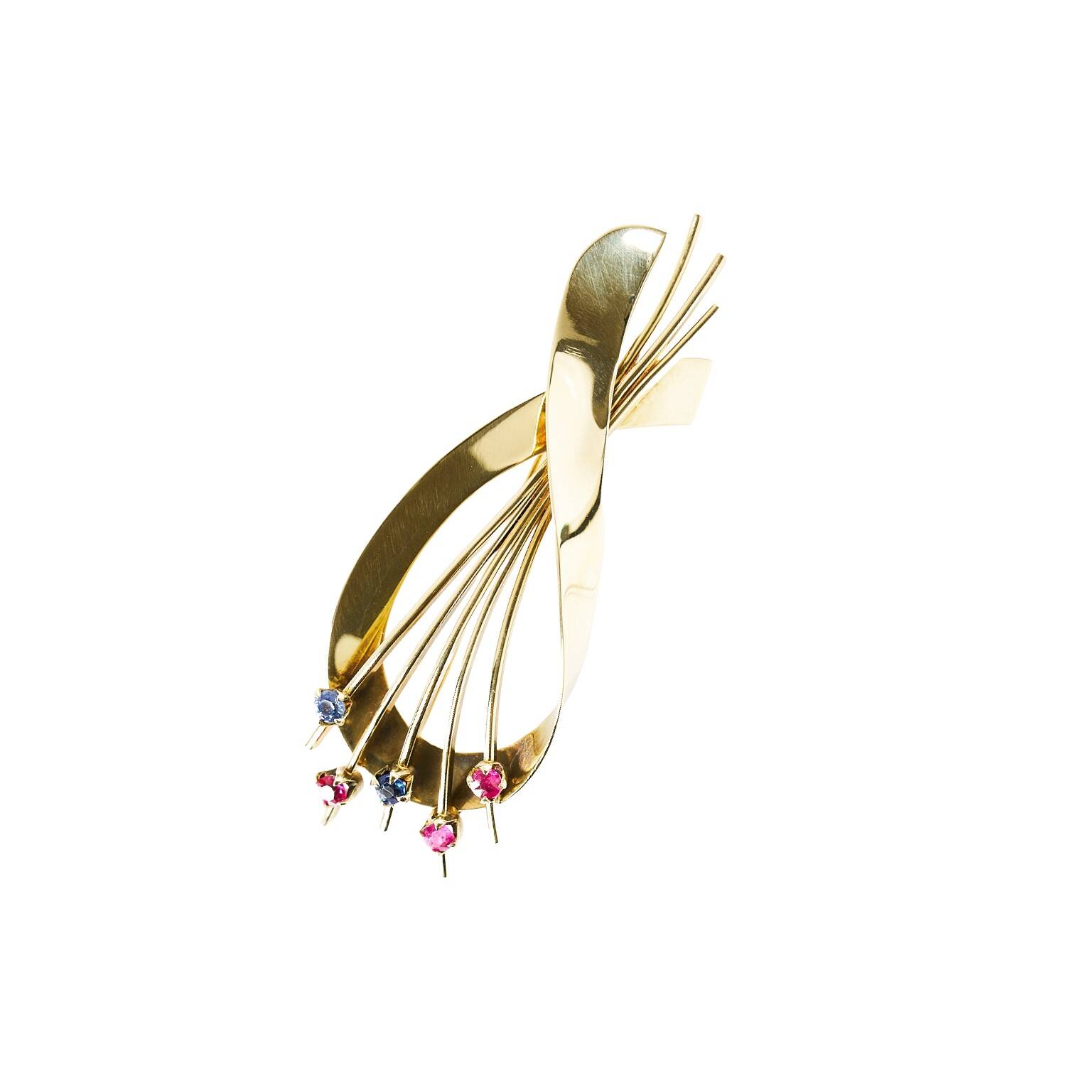 Brosche in 585 Gelbgold mit Rubin und Saphir (1622)