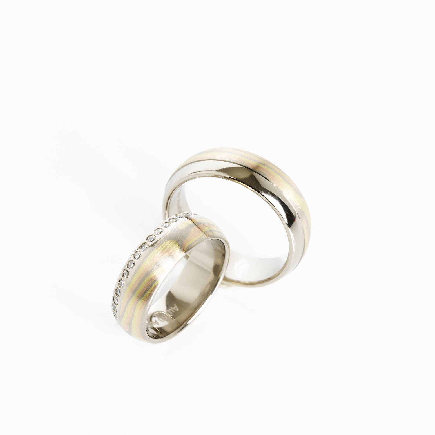 Trauringe 585 Graugold/750 Mokume Gane mit Brillanten (1937/1938)