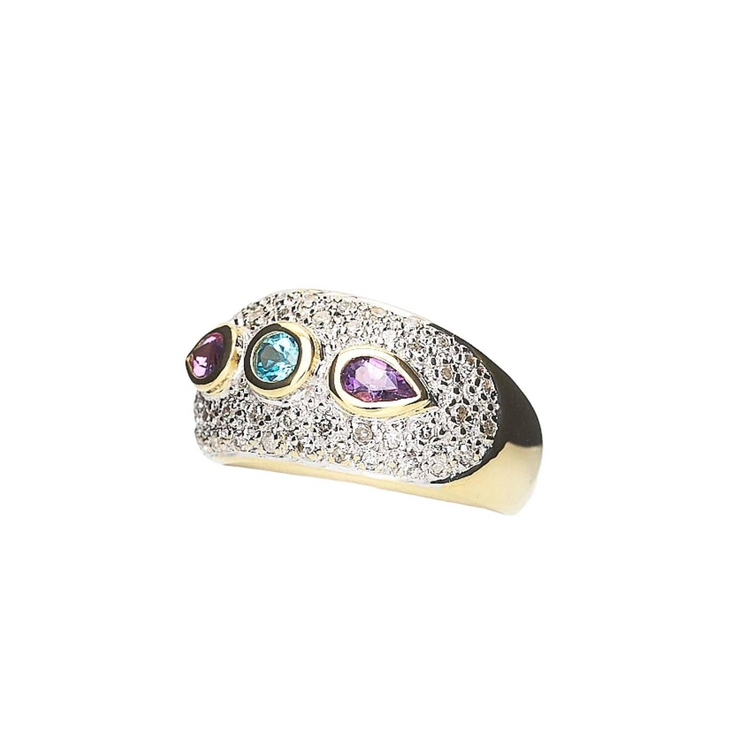 Damenring in 585 Gelbgold und Weißgold mit Amethyst, Blautopas und Diamanten (1449)